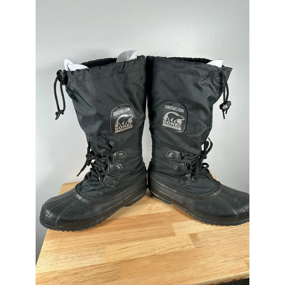 Womens Vintage Sorel Black Snowlion Winter Boots Waterproof Nylon Rubber Size 7 - Picture 5 of 11